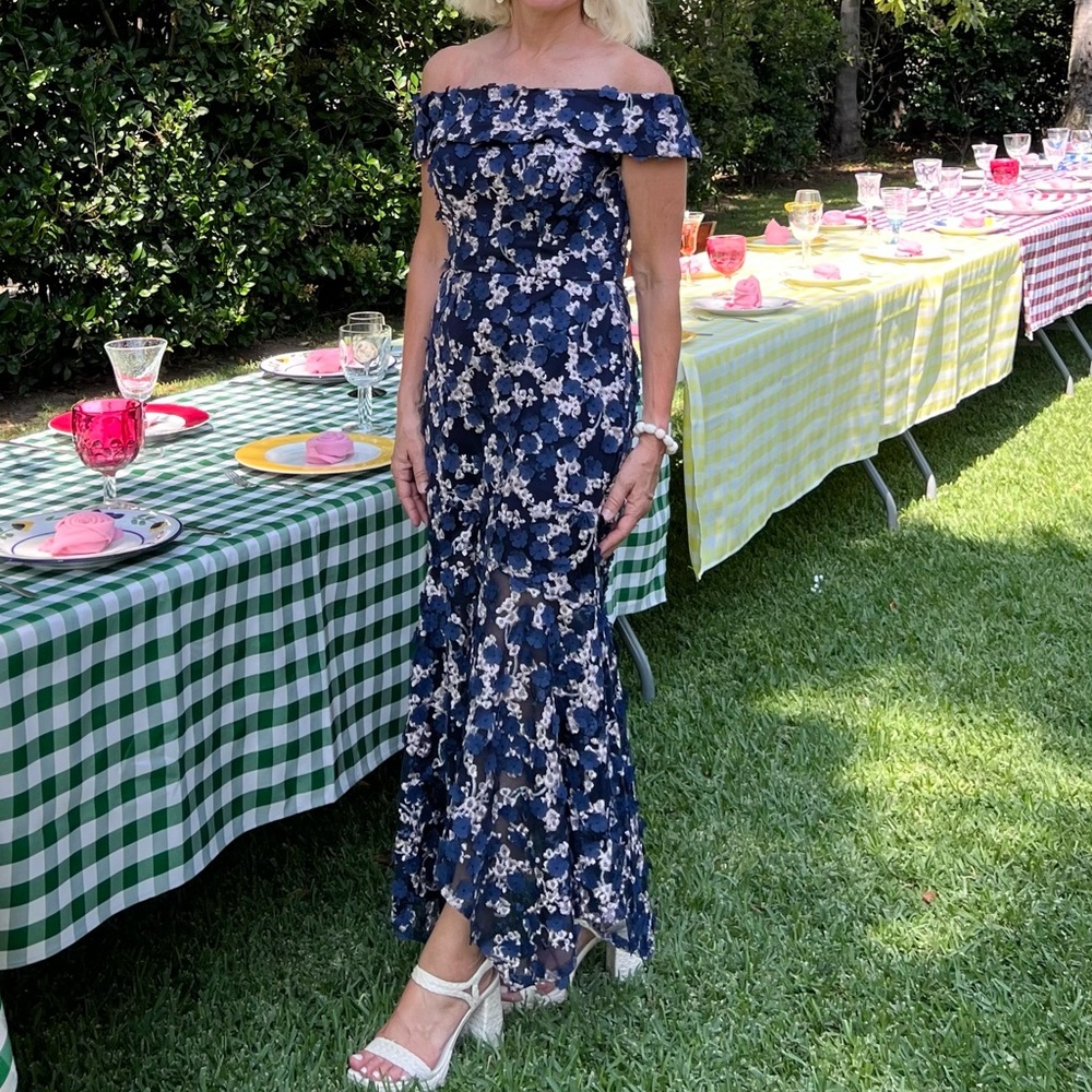 Xscape Midi Raised Floral Embroidered Lace Applique Off Shoulder Cap Sleeve Gown